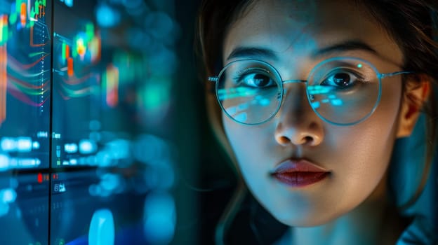Close-up portrait of woman in glasses with computer screen reflection with graphs and tables