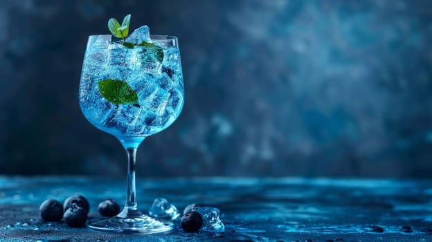 Blueberry iced lemonade in a glass on a blue background