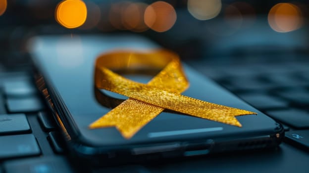 Close-up of a smartphone with a gold ribbon promoting cancer awareness online .The gold ribbon is a symbol of the fight against pediatric oncology