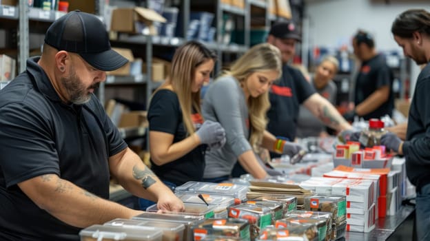 A group of volunteers are hard at work in a warehouse packing supplies for distribution. concept of helping those in need.