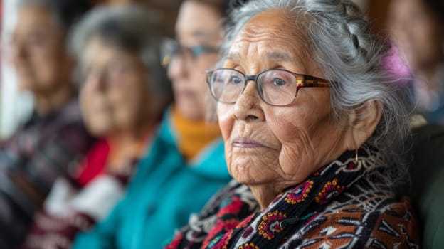 An elderly woman wearing glasses with a thoughtful expression in a moment of quiet reflection, sitting among other elderly people.
