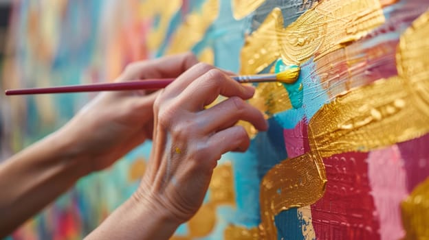 Close-up of hands painting mural with golden paints and bright flowers in public place
