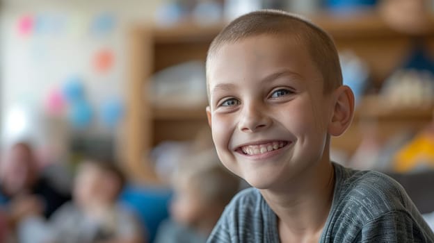 A boy with very short hair and a bright smile sits in the classroom, radiating joy and confidence. against the blurred background of the learning environment