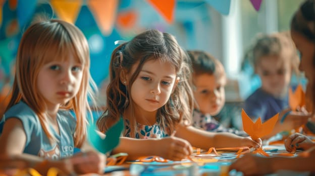 Children at school create paper crafts in a bright and fun environment.