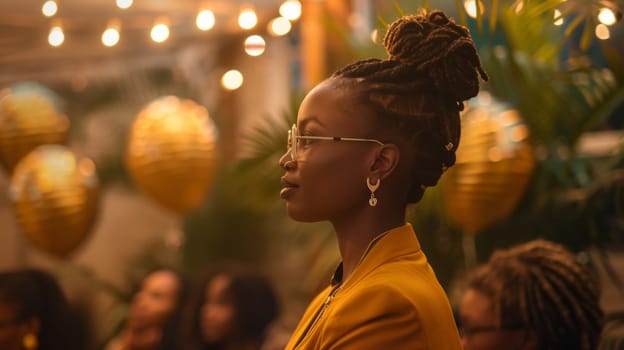 An elegant woman with coiffed hair and glasses is captured in profile at a sophisticated event surrounded by warm lighting and gold jewelry.