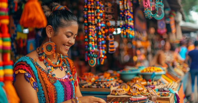 A woman smiles as she shows off her colorful handmade jewelry at a busy market stall filled with colorful beads and intricate patterns.
