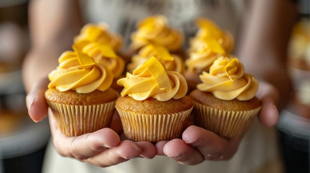 Baby hands with cupcakes with a gold ribbon on the top. The golden ribbon is a symbol of the fight against pediatric oncology.Cupcakes for a charity sale to help children with cancer
