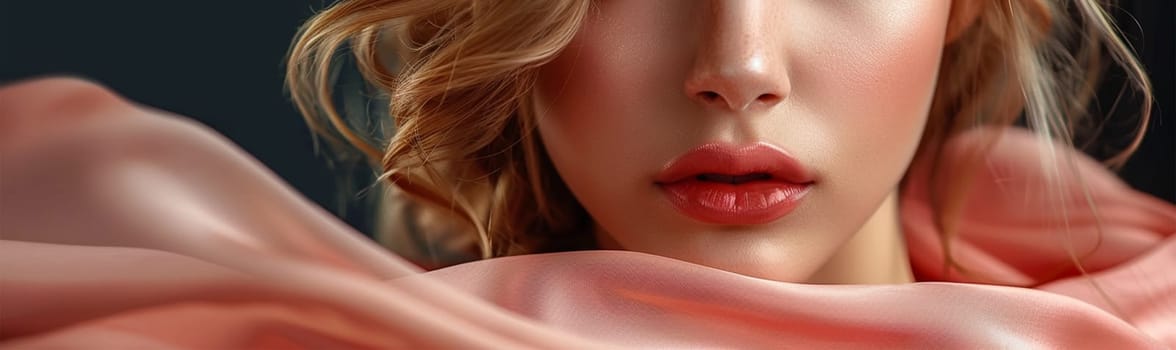Close-up of a woman's lips with glossy red lipstick surrounded by flowing peach fabric, elegance and sophistication.