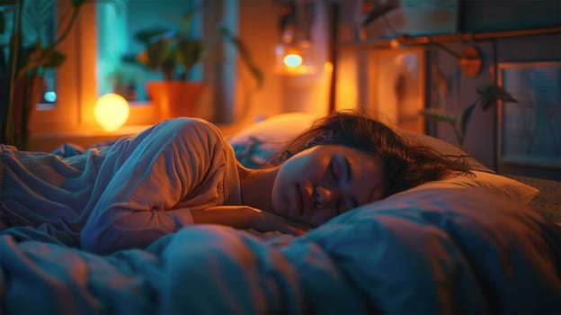 A woman sleeps peacefully in a warmly lit bedroom, surrounded by soft light and a cozy atmosphere