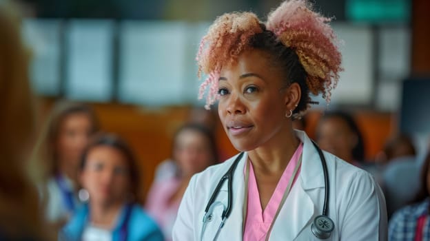 Female doctor with pink hair and with stethoscope listening attentively in medical meeting surrounded by colleagues with serious expression