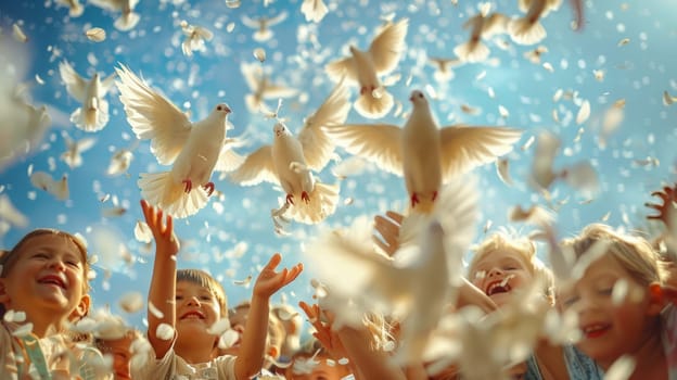 A group of children with a smile and excitement releases white doves into the sky, symbolizing peace and freedom.