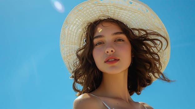 Woman wearing a sun hat enjoying a bright summer day, on the background of a bright blue sky.