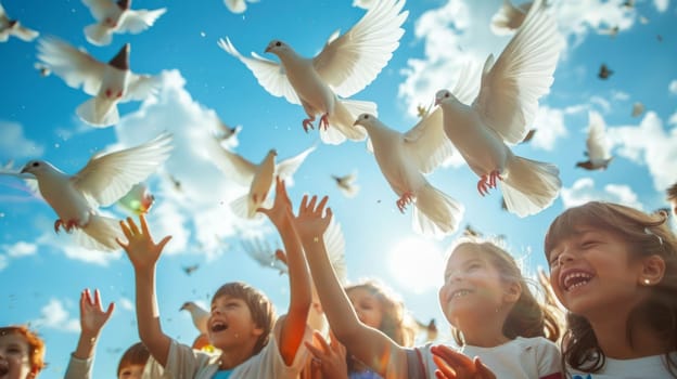 Children happily release white doves into the sky, symbolizing peace and freedom.