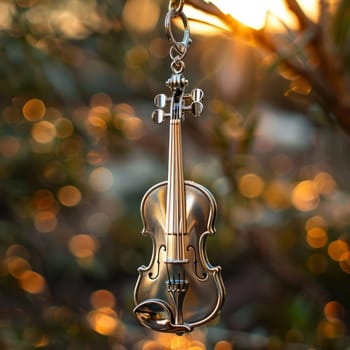 Beautiful violin decoration delicately hanging on the Christmas tree. Copy space