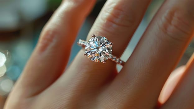 Sparkling diamond engagement ring on woman's finger, highlighting the intricate details and brilliance of the gemstone