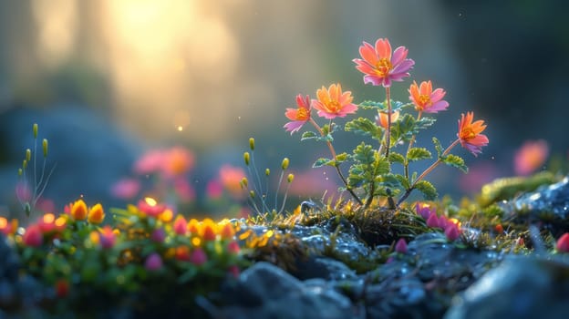 Small pink flowers on forest background outdoors. Light air, free space.