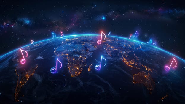 Globe of the Earth with musical multi-colored notes around.View of the planet Earth in space, in the orbit of which there is a glowing musical note