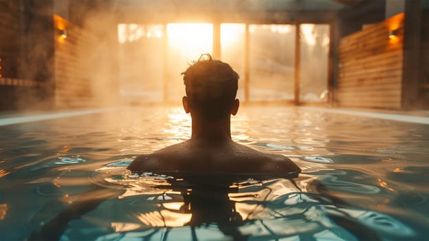 Man in indoor pool with large windows, spa concept and self-care