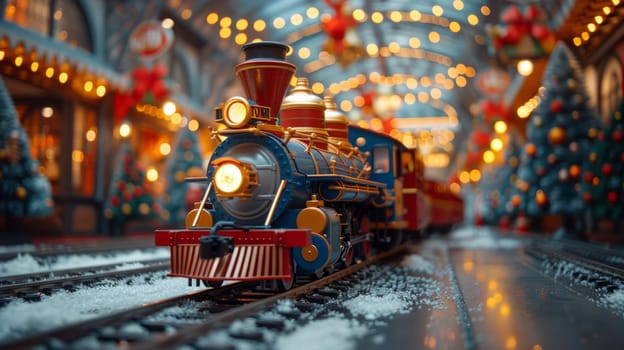 Children's toy train on light clean floor in spacious empty bright shop decorated for Christmas