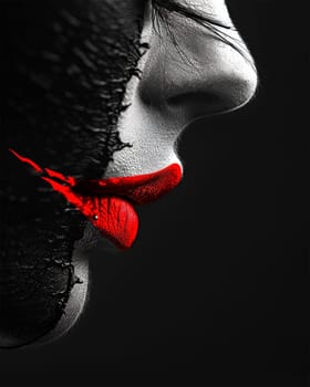 Side profile of a face in black and white with striking red lips, set against a black background, exuding mystery and intensity