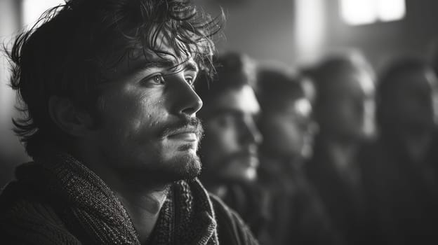 Black and white image of a serious and focused group of young people in a meeting .men in psychological support group