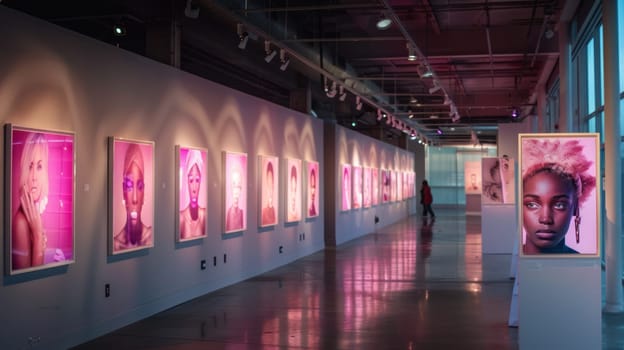 : Contemporary art gallery with bright and colorful portraits on display on well-lit walls. A long hallway leads to a distant figure