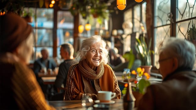 Cheerful senior woman in a cozy cafe setting, chatting with friends over a cup of coffee in a cozy and welcoming atmosphere.