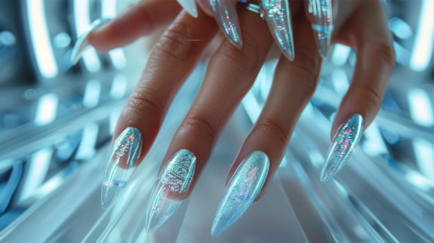 Close-up of hands showing almond-shaped nails with shiny details and , against a futuristic neon background.