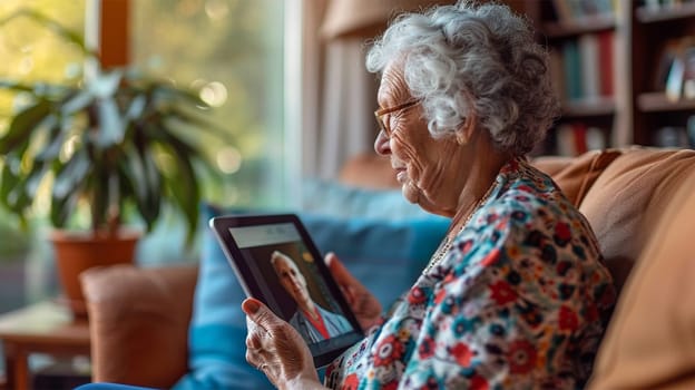 A senior woman is engaged in a video chat on a tablet while sitting in a cozy living room, enjoying a conversation with her loved one.