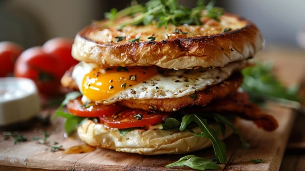 Breakfast sandwich with a fried egg, bacon, cheese and vegetables