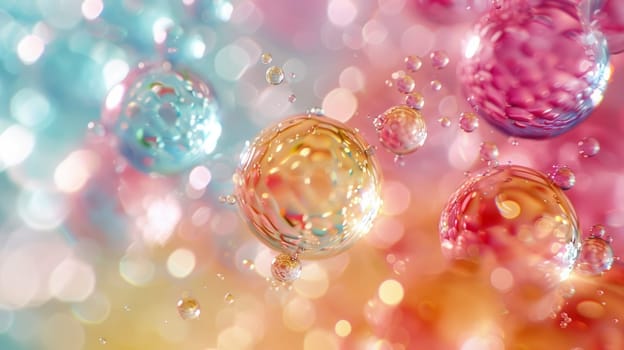 Close-up of multi-colored bubbles floating on light abstract background. Copy space