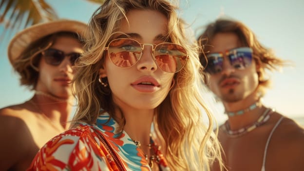 Portrait of Young Woman and Two Surfers in Sunglasses with Palm Trees and Sky Background