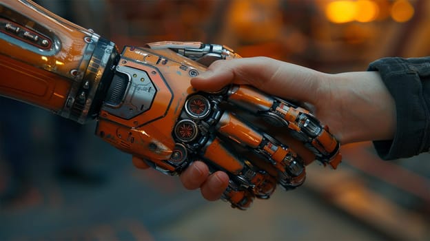A human hand shaking hands with an old robot, symbolizing the integration of technology and humanity in a futuristic setting.