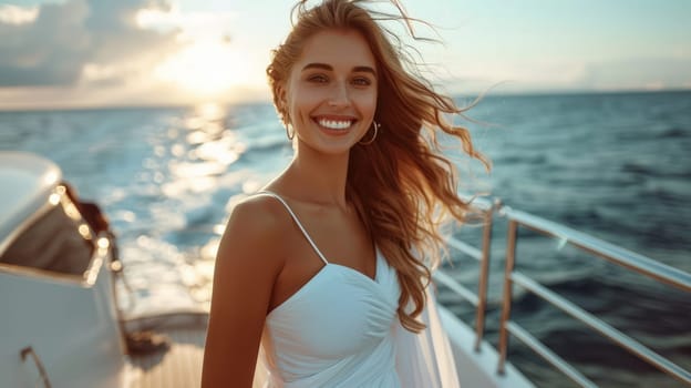 Smiling businesswoman in white flowing dress stands on yacht