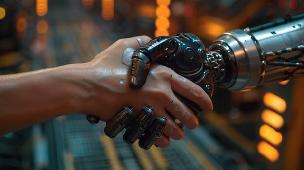 Close-up of a human hand with embedded chips shaking hands with a robot, symbolizing the integration of technology and humanity in a futuristic setting.