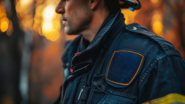 Close-up profile shot of a focused uniformed firefighter against a sunset forest backdrop