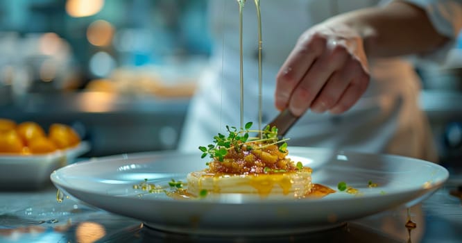 A chef pours honey over a dish in a stylish kitchen, showcasing honey as a culinary ingredient.