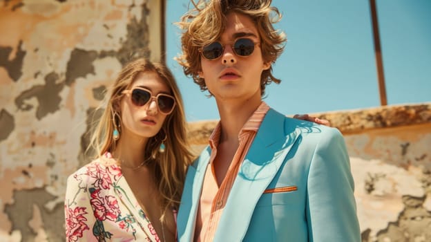 Couple Stylish models ,man and woman posing for summer photo shoot on old wall background.clothing demonstration.