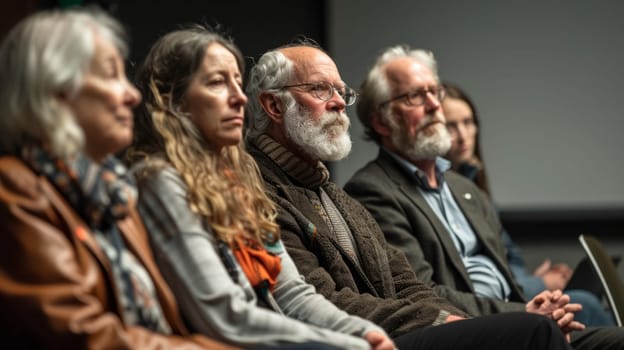 A group of people including older and younger adults are sitting attentively during a seminar. concept of awareness and education