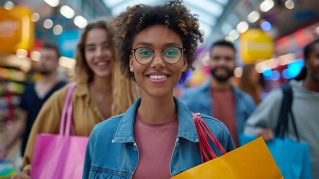 A group of smiling friends shopping together, with one woman in focus holding colorful shopping bags. A bright and cheerful atmosphere.