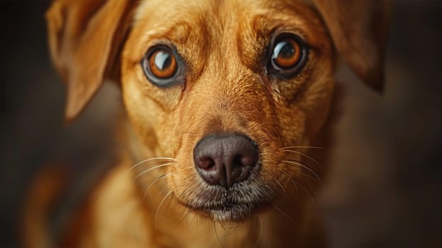 A detailed close-up of a brown dog with expressive eyes, focusing on its face with a blurred background.