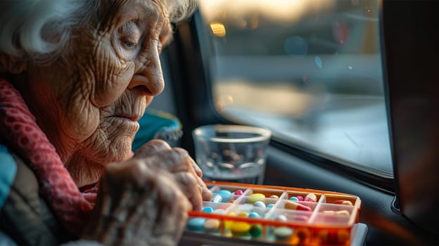 A close-up of an elderly woman organizing colorful pills in a pillbox, with a reflective expression as she sits by a window during sunset. A glass of water is nearby.