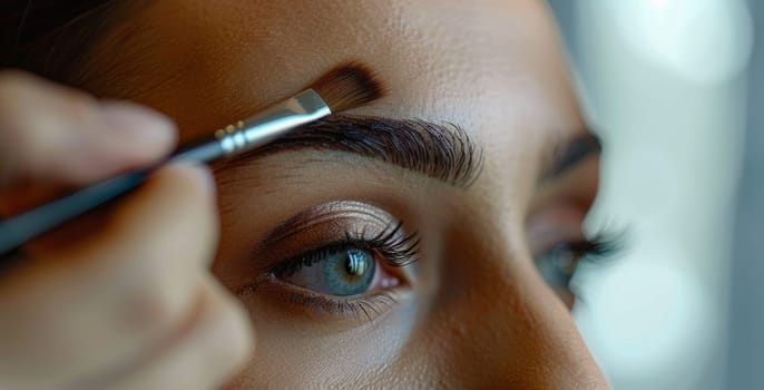 A cosmetologist or makeup artist shapes the eyebrows and tints the client's skin above the eyebrows with a brush, creating a sophisticated look