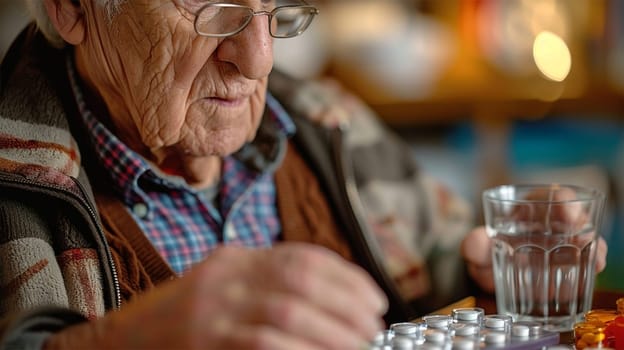Close-up of an elderly man taking medication from a pill organizer, with a glass of water next to him, highlights the importance of taking medication correctly