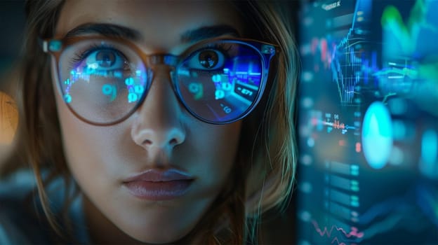 Woman wearing glasses with digital data and code reflections, highlighting the intersection of technology and human cognition.