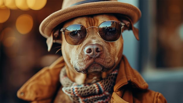 A fashionable dog wearing sunglasses, a hat, and a coat, exuding a cool and stylish vibe. The warm bokeh background adds a cozy, urban atmosphere.