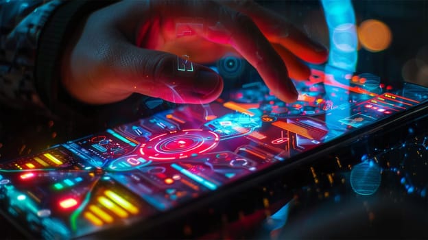 A hand interacting with a vibrant, futuristic digital interface on a touchscreen device, featuring bright neon colors and holographic elements.