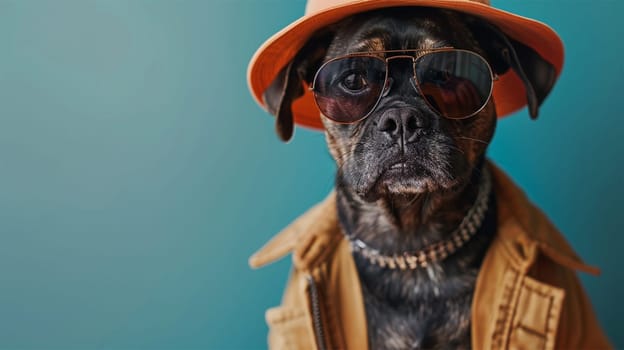 A close-up of a dog dressed in a trendy hat and sunglasses, exuding coolness and personality against a solid blue background. Copy space on the left.