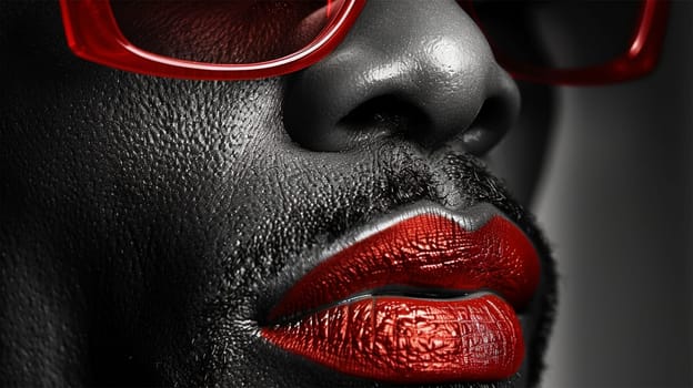 High contrast close-up of a man with glossy red lips and red sunglasses on dark skin, creating a bright and bold visual.