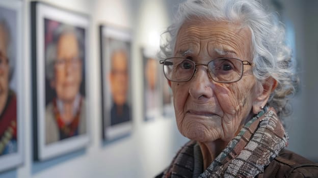 An elderly woman wearing glasses with a thoughtful expression on her face stands in a gallery, surrounded by portraits of other elderly people. reflections, history and the passage of time.